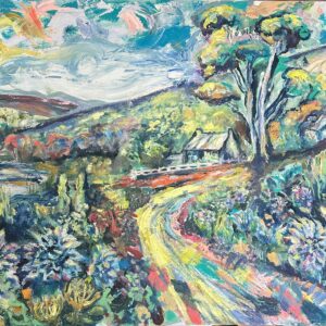 A road to take is an Acrylic painting by Judith Venter (DasWyf) inspired by a scene in Gouritsmond. A farmroad leading to a house with a bluegum. Proteas and Dahlia's in the foreground.