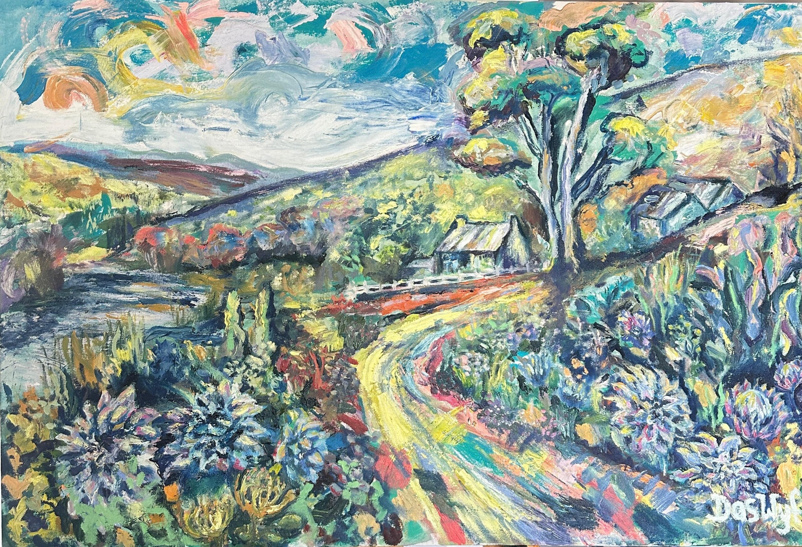 A road to take is an Acrylic painting by Judith Venter (DasWyf) inspired by a scene in Gouritsmond. A farmroad leading to a house with a bluegum. Proteas and Dahlia's in the foreground.